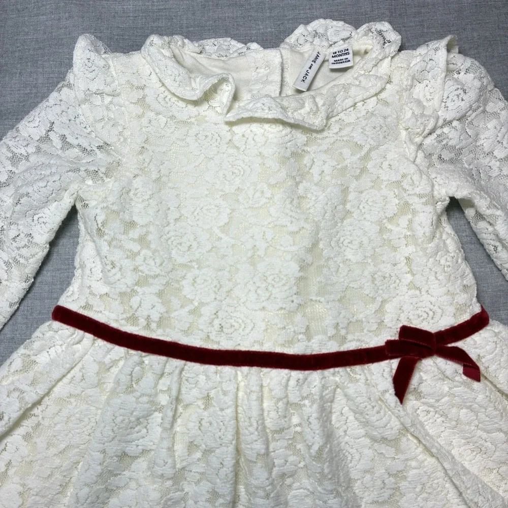 Janie and Jack Baby Girls Ivory Lace Long Sleeved Dress Red Bow 18-24 Months